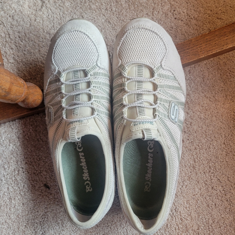 Beige and Olive Suede Skechers